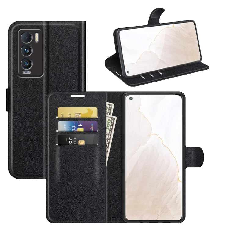 Black litchi-texture flip phone case with card slots and stand