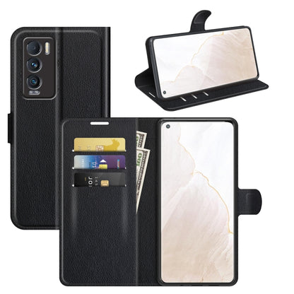 Black litchi-texture flip phone case with card slots and stand