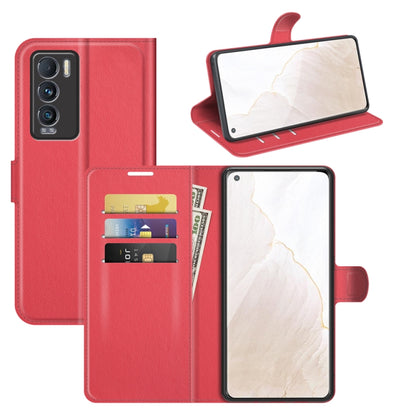 Red litchi-texture flip phone case with card slots and built-in stand
