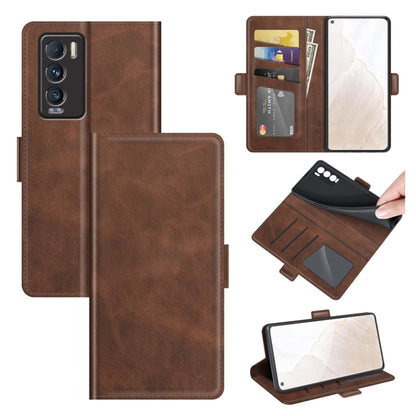 Brown leather horizontal flip phone case with magnetic closure, card slots and holder