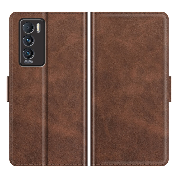 Brown leather flip phone case, front and back view with cutouts and side grips