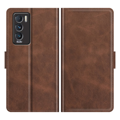 Brown leather flip phone case, front and back view with cutouts and side grips