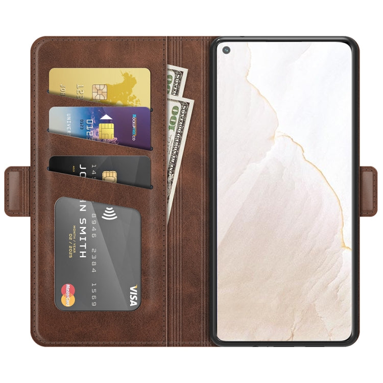 Brown leather flip phone case with card slots and windowed pocket holding cards