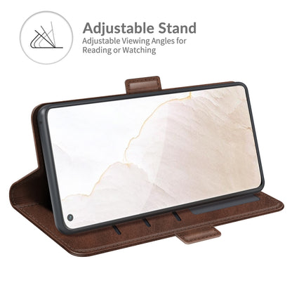 Brown leather flip phone case folded as adjustable stand for watching and reading