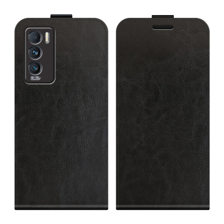Black vertical flip phone case, two-piece view showing camera cutout and flap.