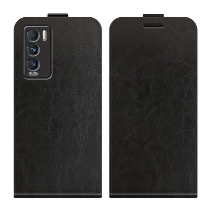 Black vertical flip phone case, two-piece view showing camera cutout and flap.