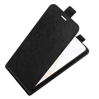 Black vertical flip leather case with folio cover, angled open to show phone screen.