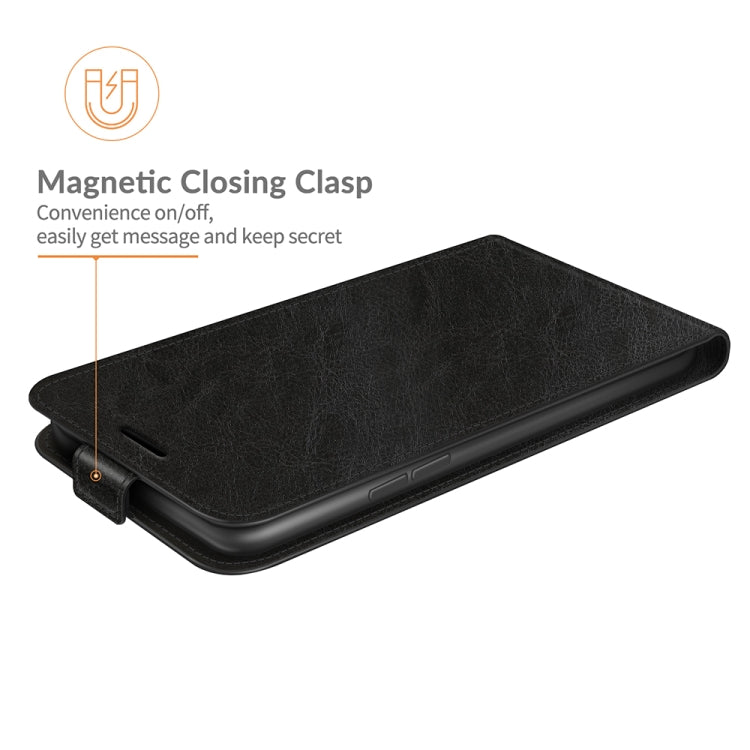 Black vertical flip phone case with magnetic clasp; slim front cover close-up.