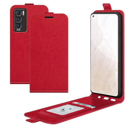 Red vertical flip leather phone case with card slots; phone open and supported.