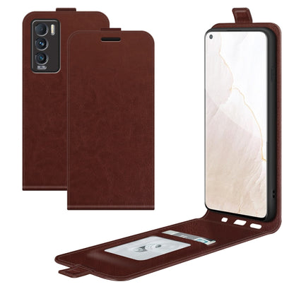 Brown vertical flip phone case with card slots; phone open and standing.