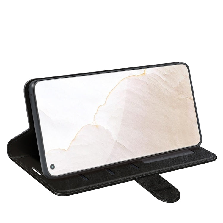 Black flip wallet phone case standing in landscape mode with card storage