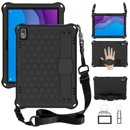 Black honeycomb tablet protective case with four-corner anti-fall design and shoulder strap