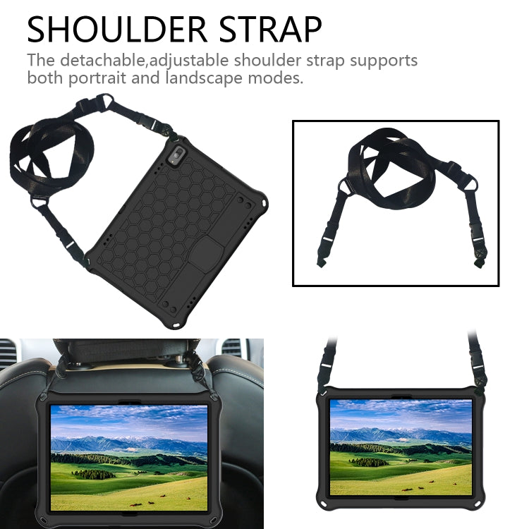 Black honeycomb tablet protective case with adjustable shoulder strap for portrait and landscape
