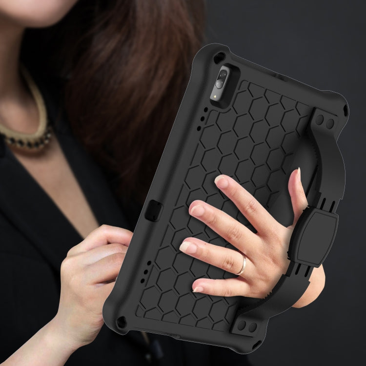 Black honeycomb textured tablet protective case with camera opening and side buttons