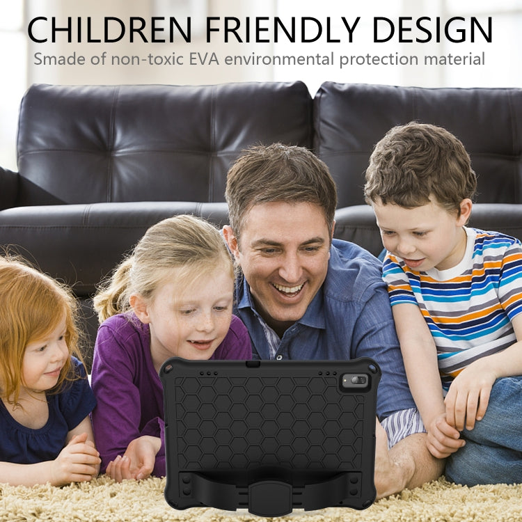 Black honeycomb tablet protective case with integrated stand and shoulder strap