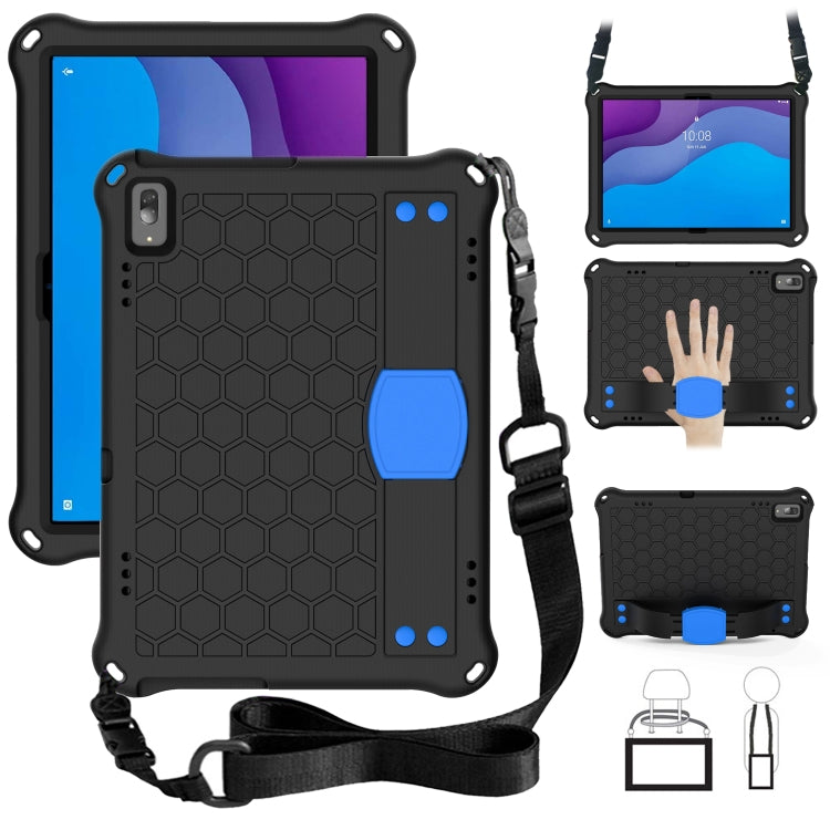 Black honeycomb tablet protective case with blue accents and shoulder strap