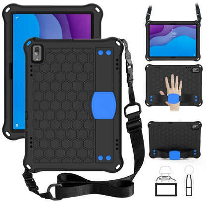 Black honeycomb tablet protective case with blue accents and shoulder strap