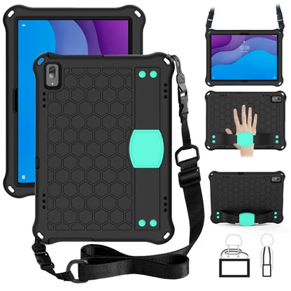 Black honeycomb tablet protective case with aqua accents and shoulder strap
