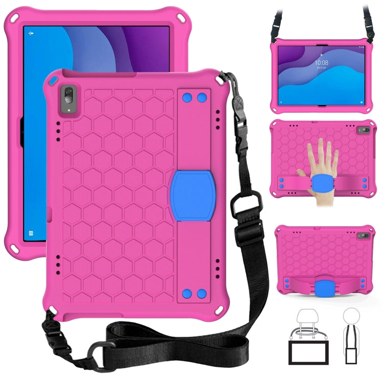Pink honeycomb tablet protective case with black shoulder strap and corner bumpers