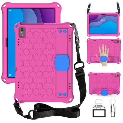 Pink honeycomb tablet protective case with black shoulder strap and corner bumpers