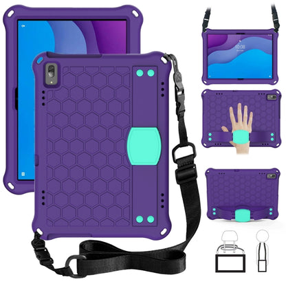 Purple honeycomb tablet protective case with teal accents and shoulder strap
