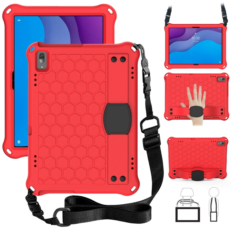 Tablet protective shell with honeycomb texture and anti-fall strap, red with black