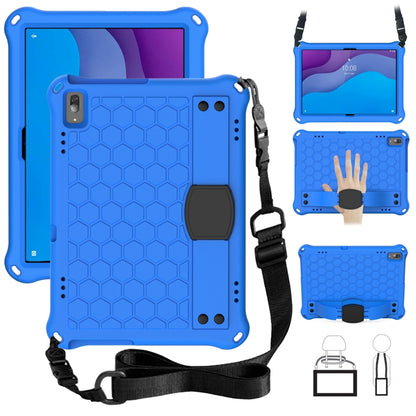 Tablet protective shell with honeycomb texture and anti-fall strap, blue with black