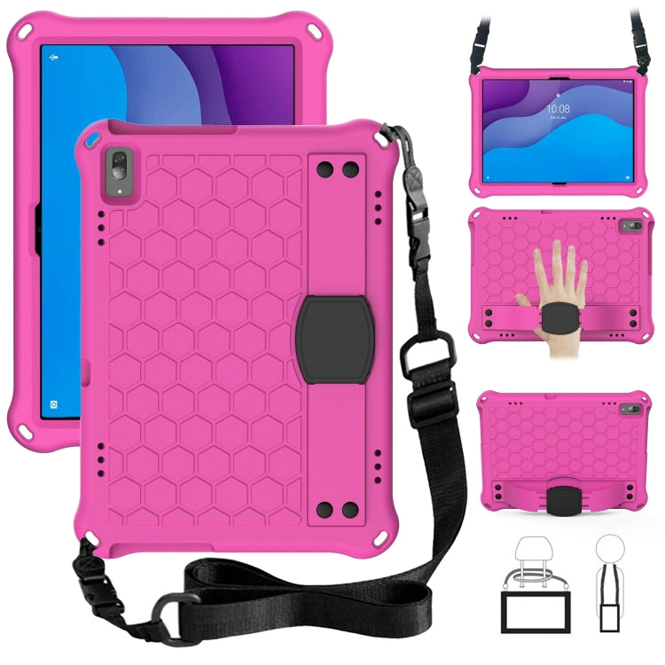 Tablet protective shell with honeycomb texture and anti-fall strap, pink with black