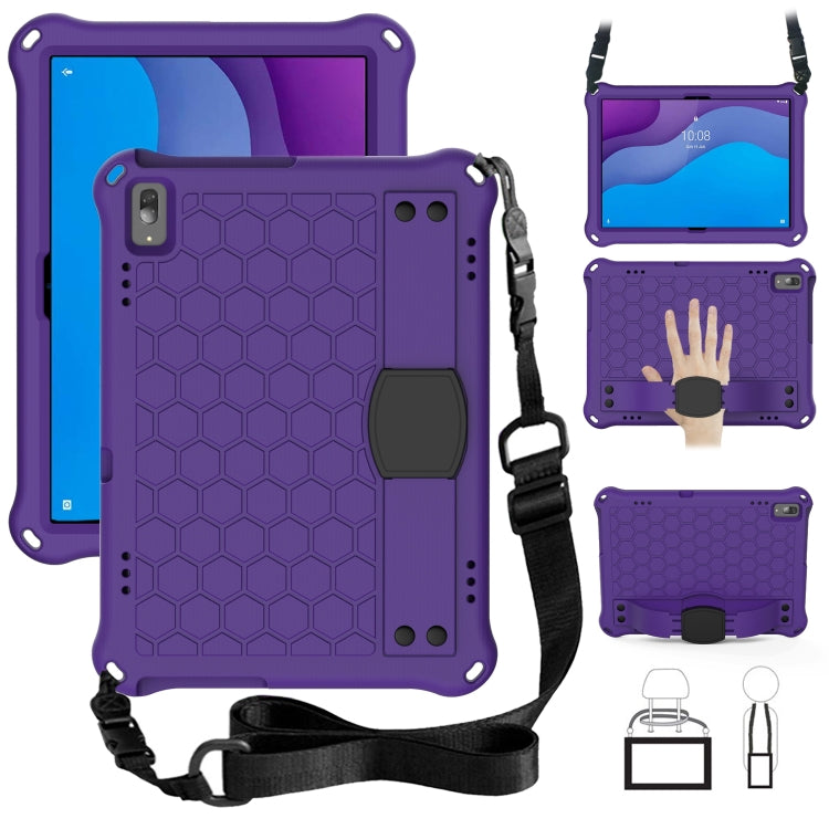 Tablet protective shell with honeycomb texture and anti-fall strap, purple with black
