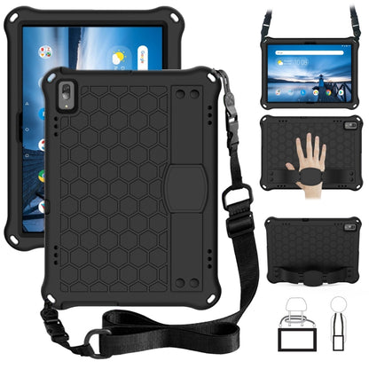 Tablet protective shell with honeycomb texture and anti-fall strap, dark gray with black
