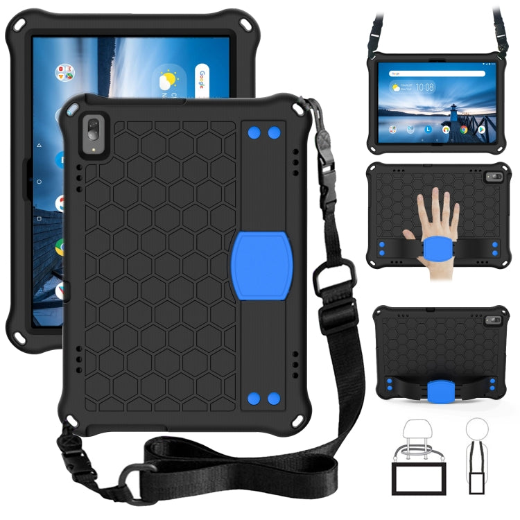 Honeycomb tablet protective shell with strap, black with blue corner grips