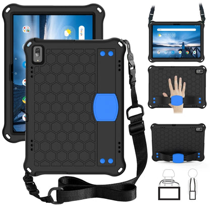 Honeycomb tablet protective shell with strap, black with blue corner grips