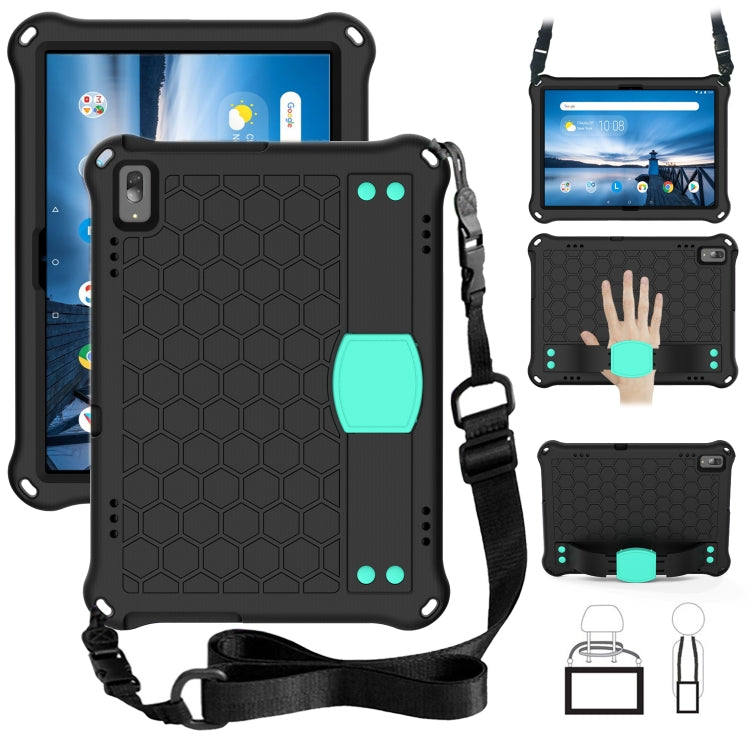 Honeycomb tablet protective shell with strap, black with aqua corner grips