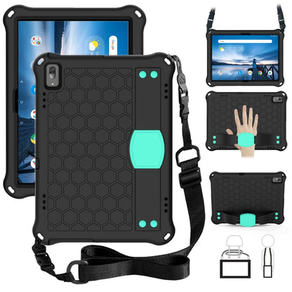 Honeycomb tablet protective shell with strap, black with aqua corner grips