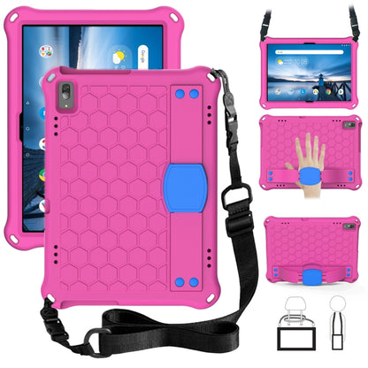 Honeycomb tablet protective shell with strap, pink with blue corner grips