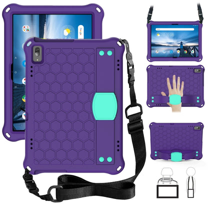Tablet protective shell with honeycomb texture and anti-fall strap, purple with teal accents