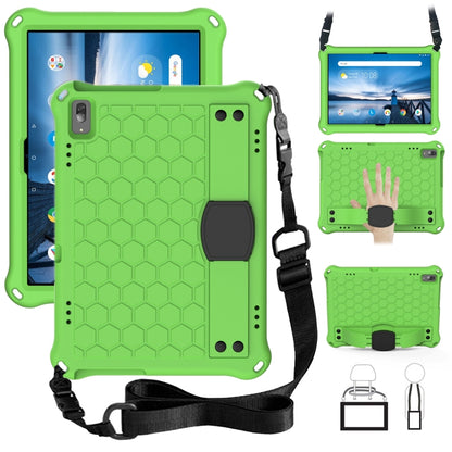 Tablet protective shell with honeycomb texture and anti-fall strap, green with black