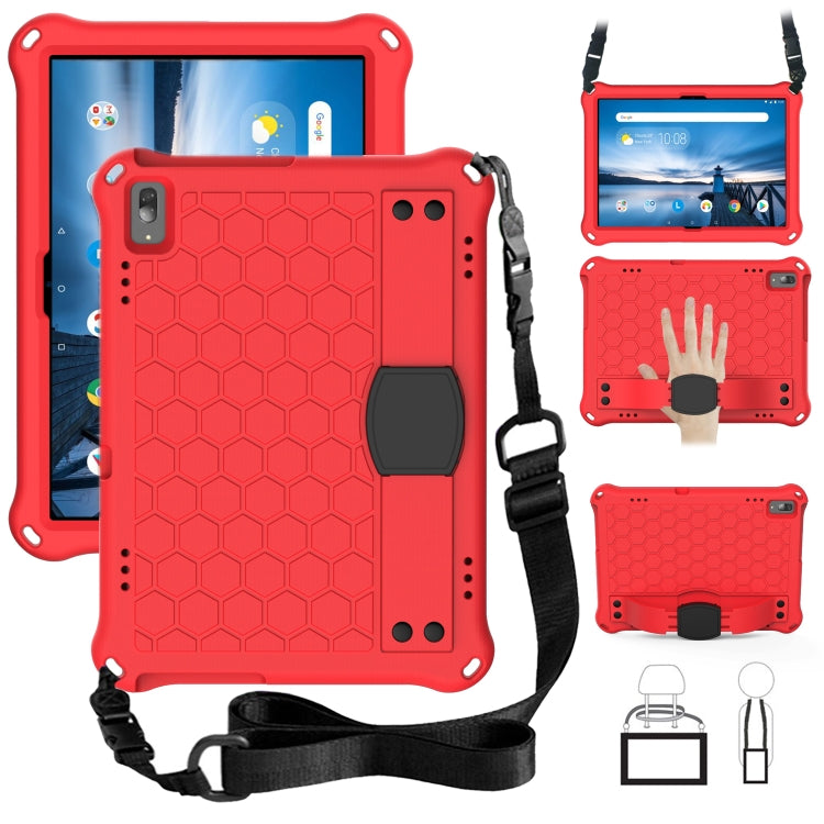 Tablet protective shell with honeycomb texture and anti-fall strap, red with black