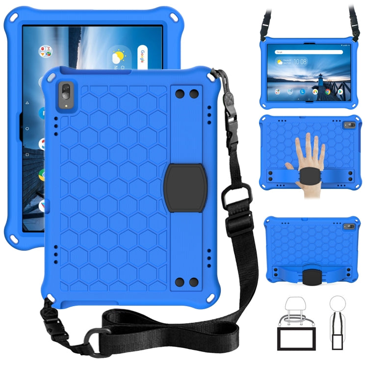 Tablet protective shell with honeycomb texture and anti-fall strap, blue with black