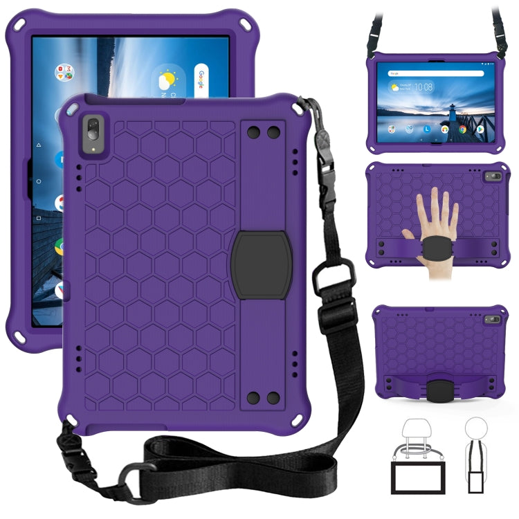 Honeycomb tablet protective shell with strap, purple with dark gray corner grip