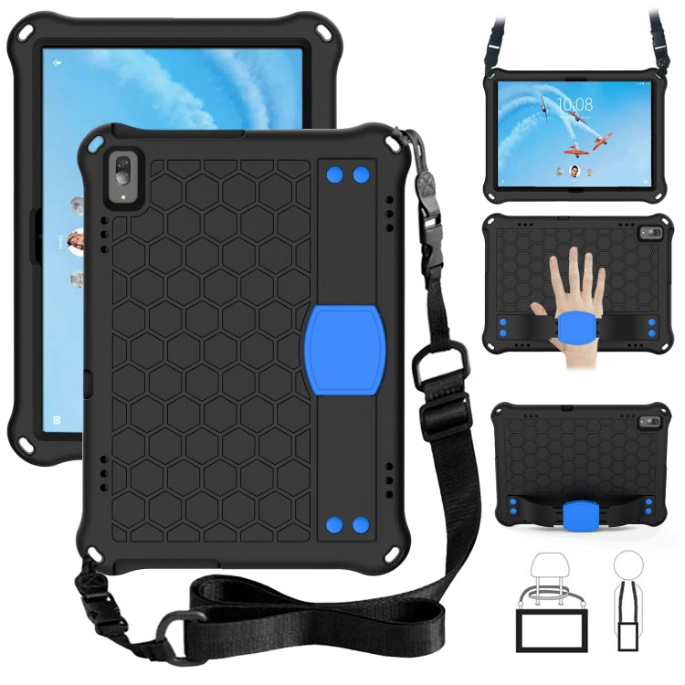 Honeycomb tablet protective shell with strap, black with blue corner grips