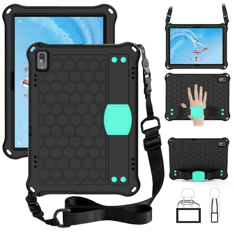 Honeycomb tablet protective shell with strap, black with aqua corner grips