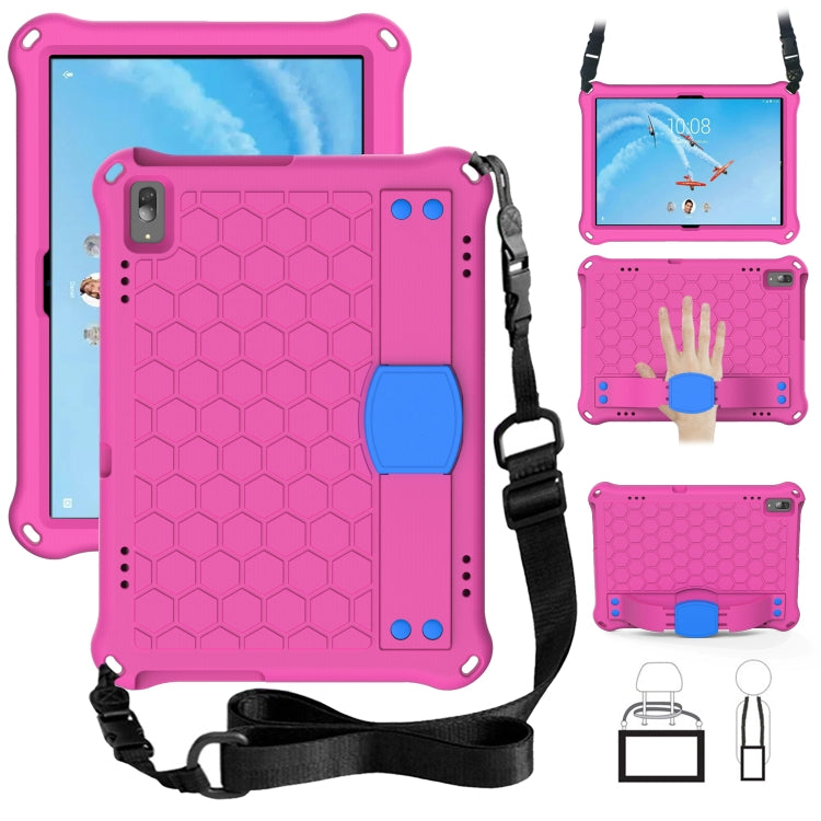 Honeycomb tablet protective shell with strap, pink with blue corner grips