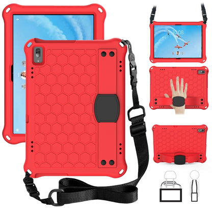 Honeycomb tablet protective case with strap, red with dark gray kickstand pad.