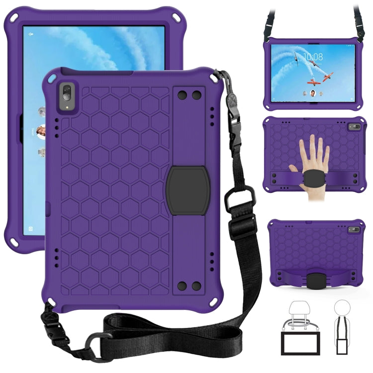 Honeycomb tablet protective case with strap, purple with dark gray kickstand pad.