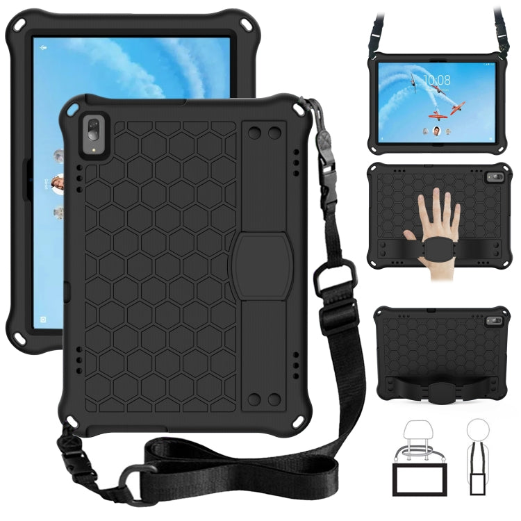 Honeycomb tablet protective case with strap, black with dark gray kickstand pad.