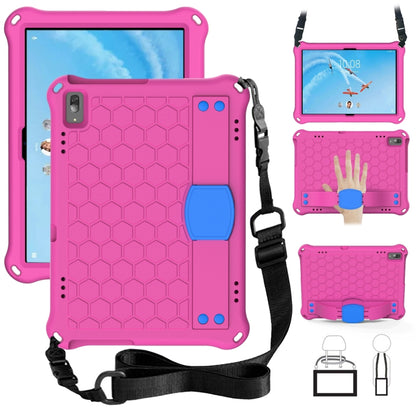 Honeycomb tablet protective case with strap, pink/magenta with blue kickstand details.