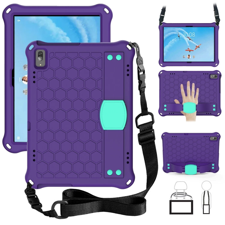 Honeycomb tablet protective case with strap, purple with mint kickstand details.