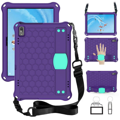 Honeycomb tablet protective case with strap, purple with mint kickstand details.