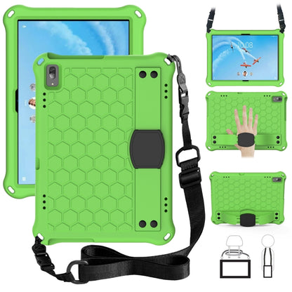 Honeycomb tablet protective case with strap, lime green with dark gray kickstand pad.